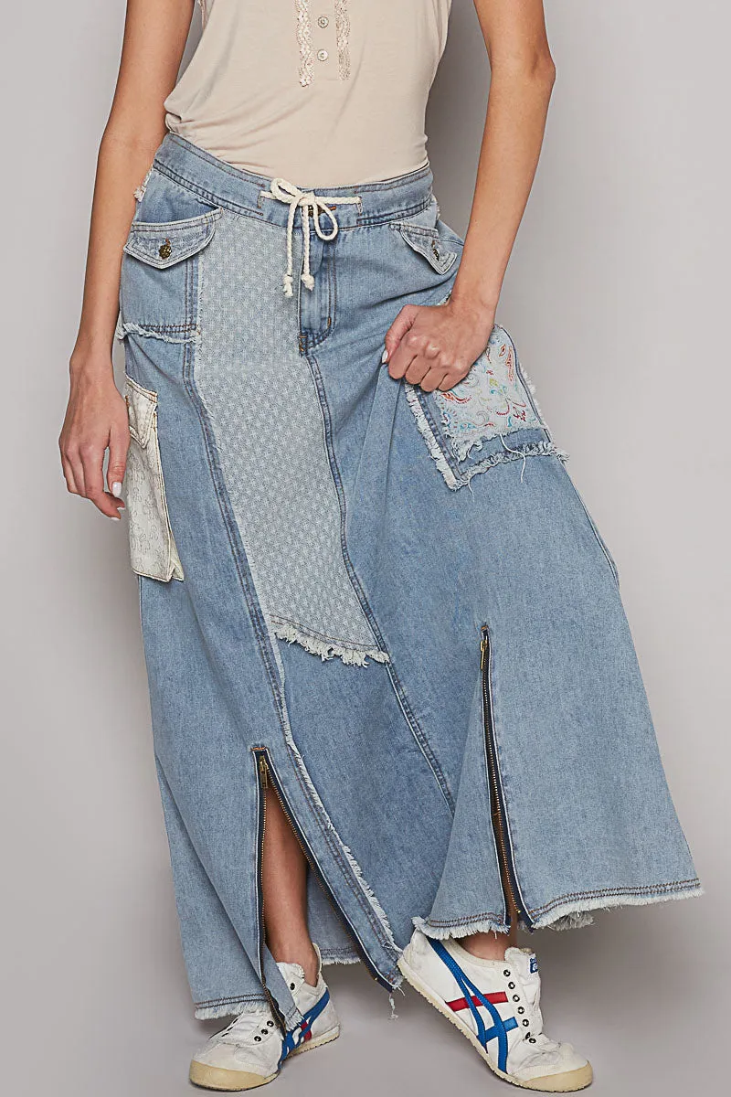 Maxi Denim Patched Skirt-9939