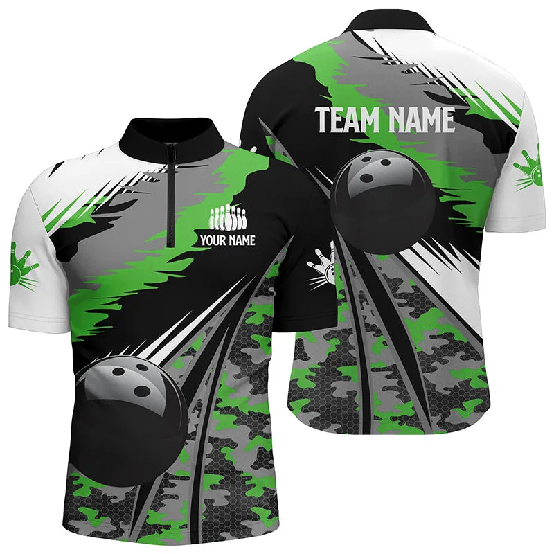 Men's bowling Quarter Zip shirts Custom black ball blue camo Bowling Team Jersey, gift for Bowlers
