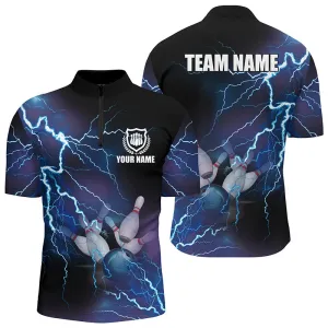 Men's bowling Quarter Zip shirts Custom blue lightning thunder Bowling Team Jersey, gift for Bowlers