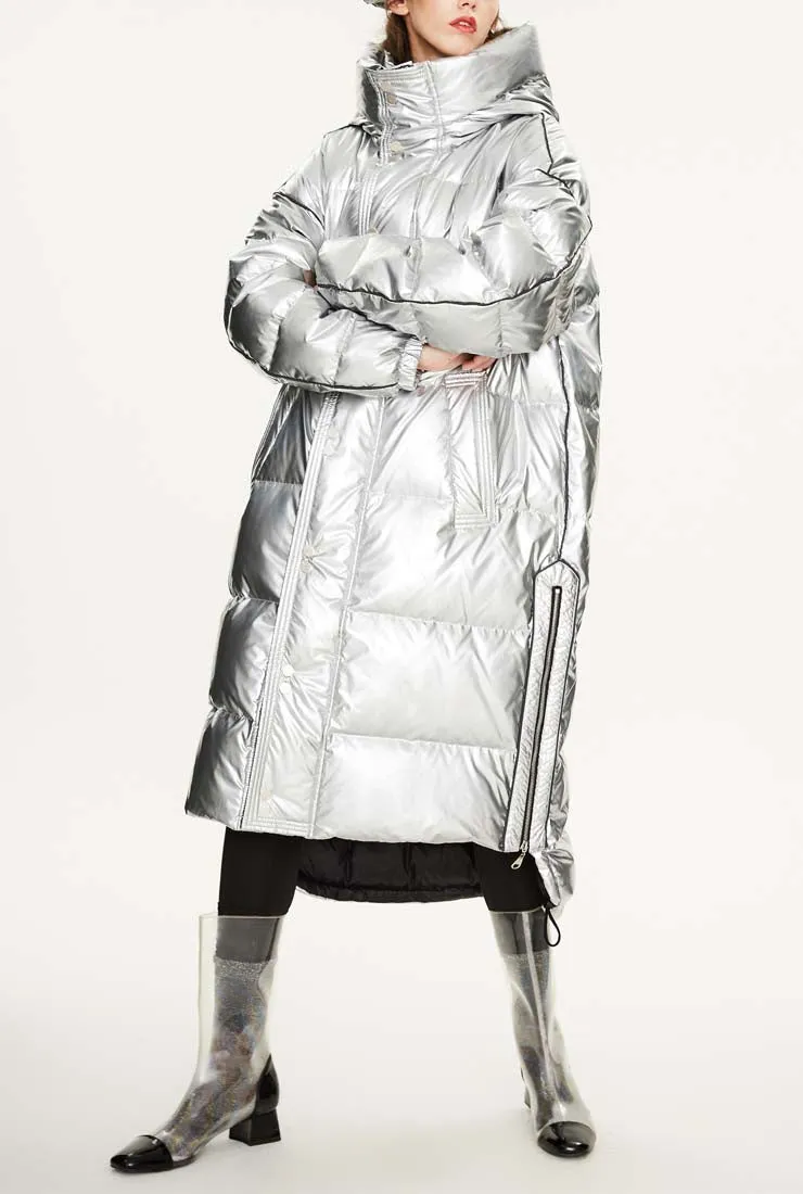 Metallic Loose Warm Bubble Ankle Length Coat