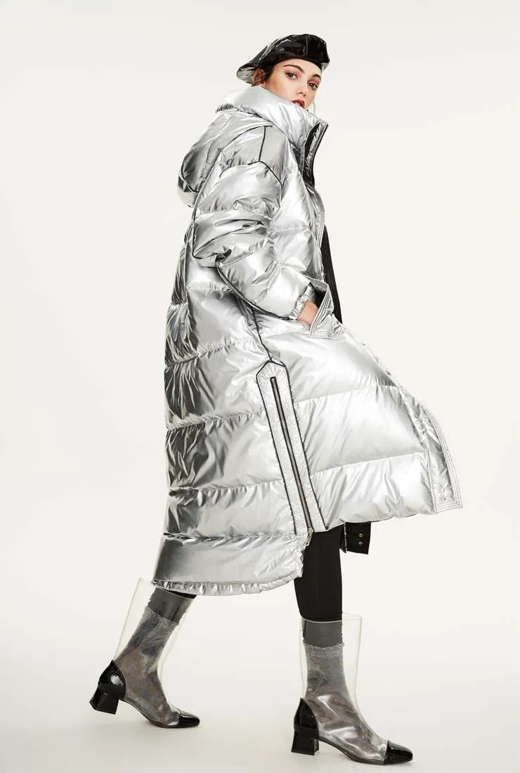 Metallic Loose Warm Bubble Ankle Length Coat