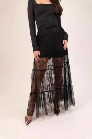 Millie Tiered Lace Maxi Skirt In Black