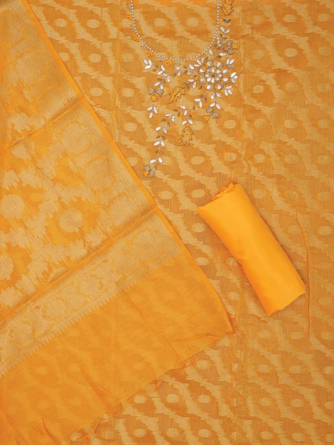 Mustard Zari Woven Silk Blend Dress Material with Dupatta