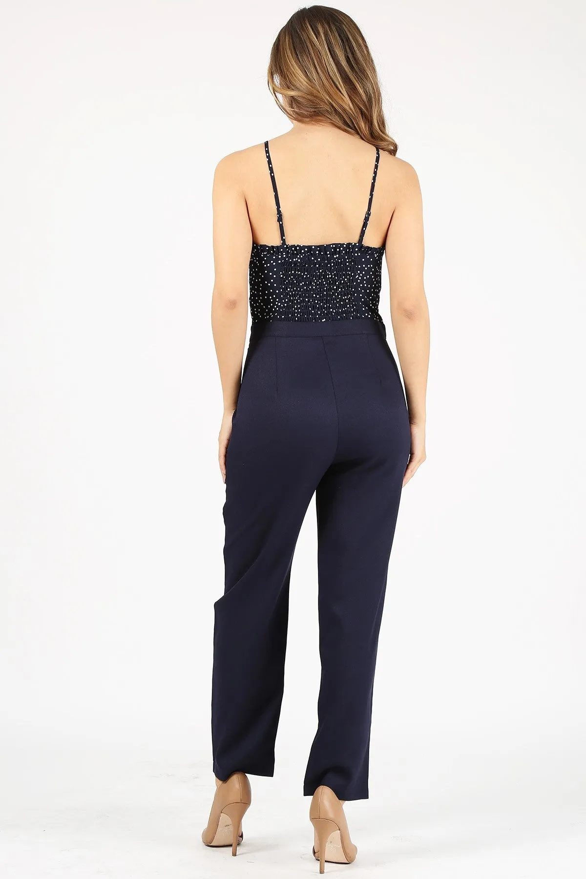 Navy Jumpsuit Polka Dot Print Bodice With Spaghetti Straps