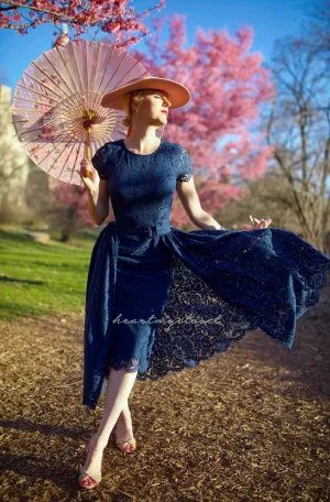 navy Lace Aurora pencil dress with removable skirt wrap