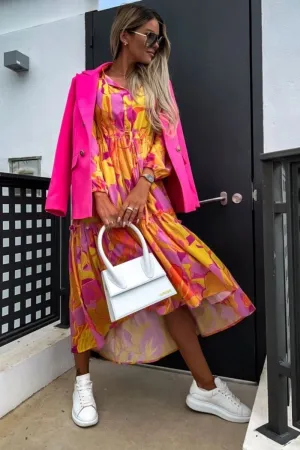 Orange Floral Balloon Sleeve Tiered Maxi Dress