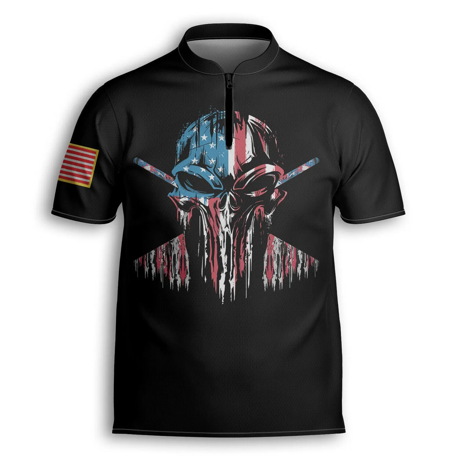 Personalized America Flag Skull Billiard Player AOP Bowling Jersey Shirt Black, Idea Gift for Billiard Player