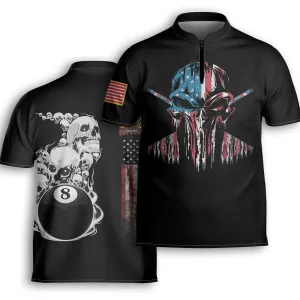 Personalized America Flag Skull Billiard Player AOP Bowling Jersey Shirt Black, Idea Gift for Billiard Player