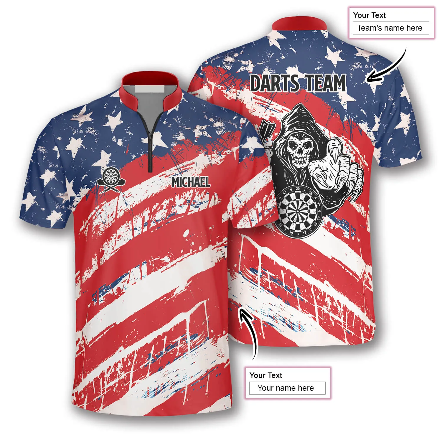Personalized American Flag Athlete Custom Darts Jerseys for Men, Reaper Dart Shirt