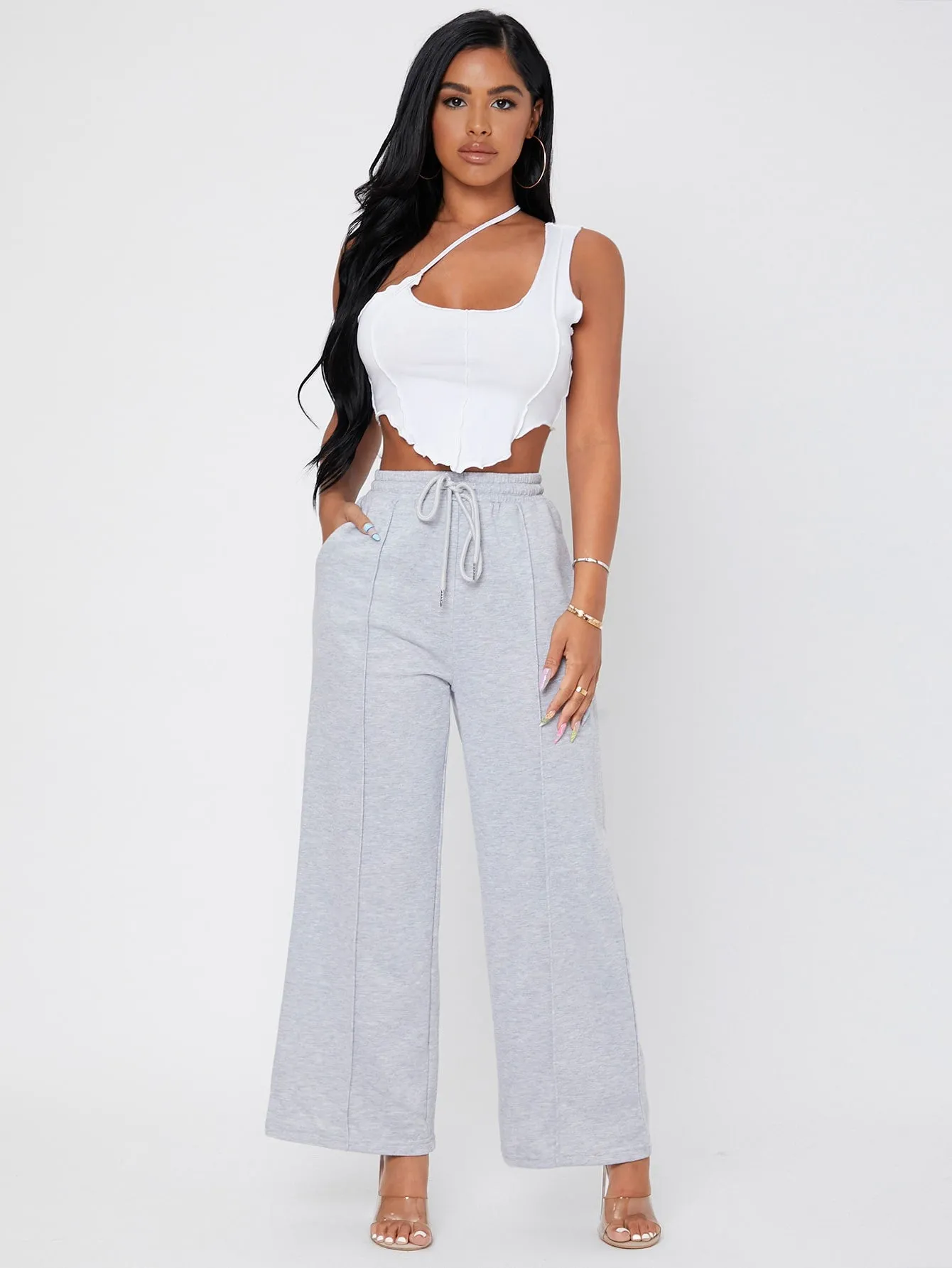 Plain Drawstring Natural Cropped Womens Sweatpants