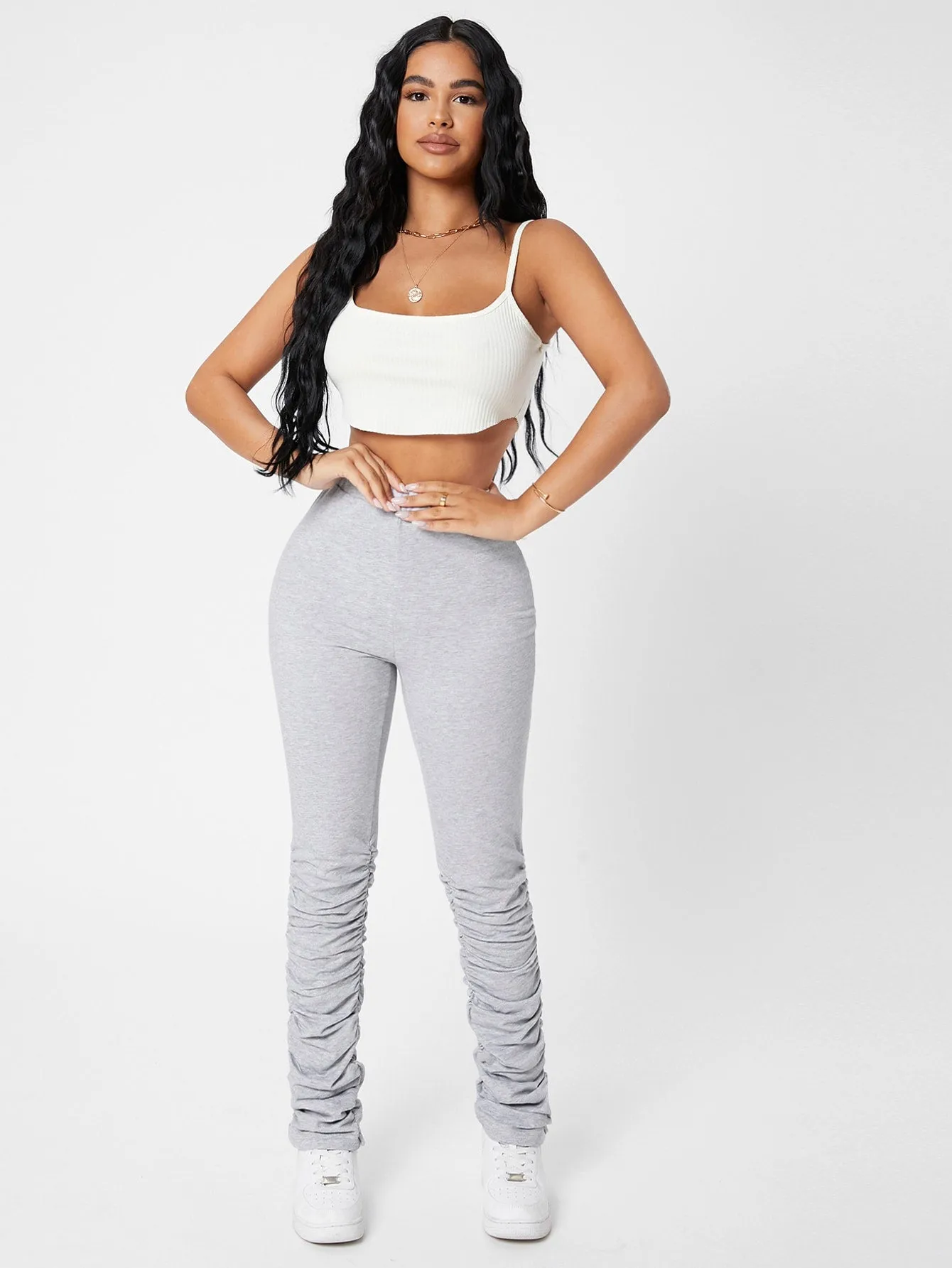 Plain Ruched High Waist Long Women Sweatpants