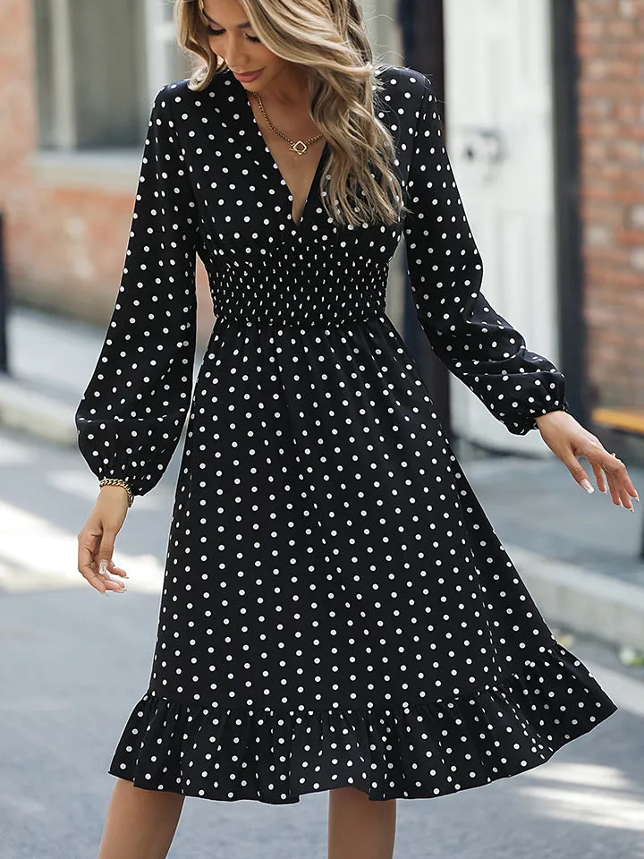 Polka Dot V-Neck Ruffle Hem Dress