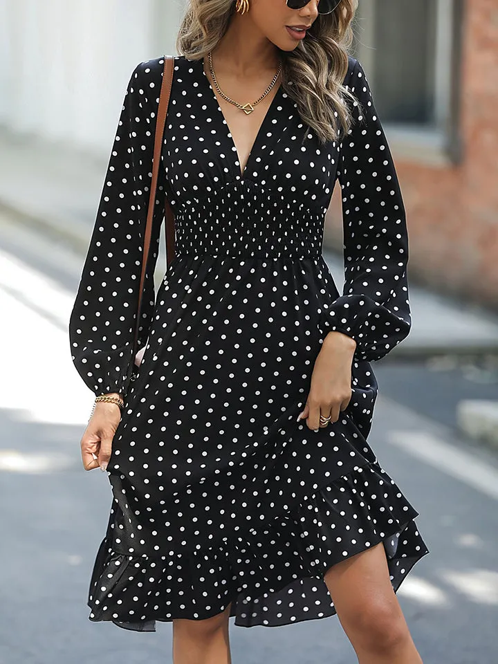 Polka Dot V-Neck Ruffle Hem Dress