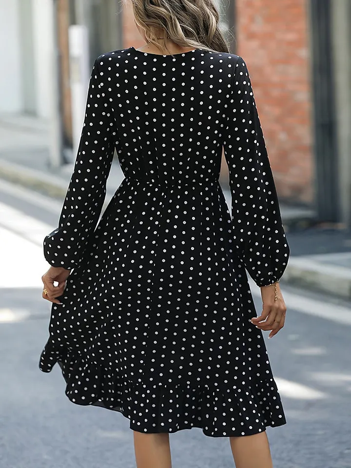 Polka Dot V-Neck Ruffle Hem Dress