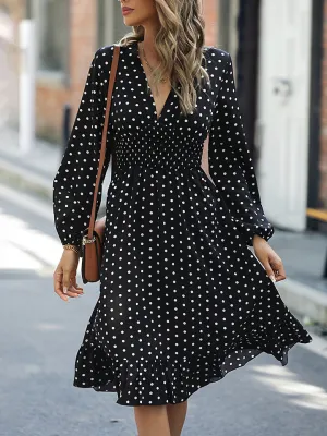 Polka Dot V-Neck Ruffle Hem Dress