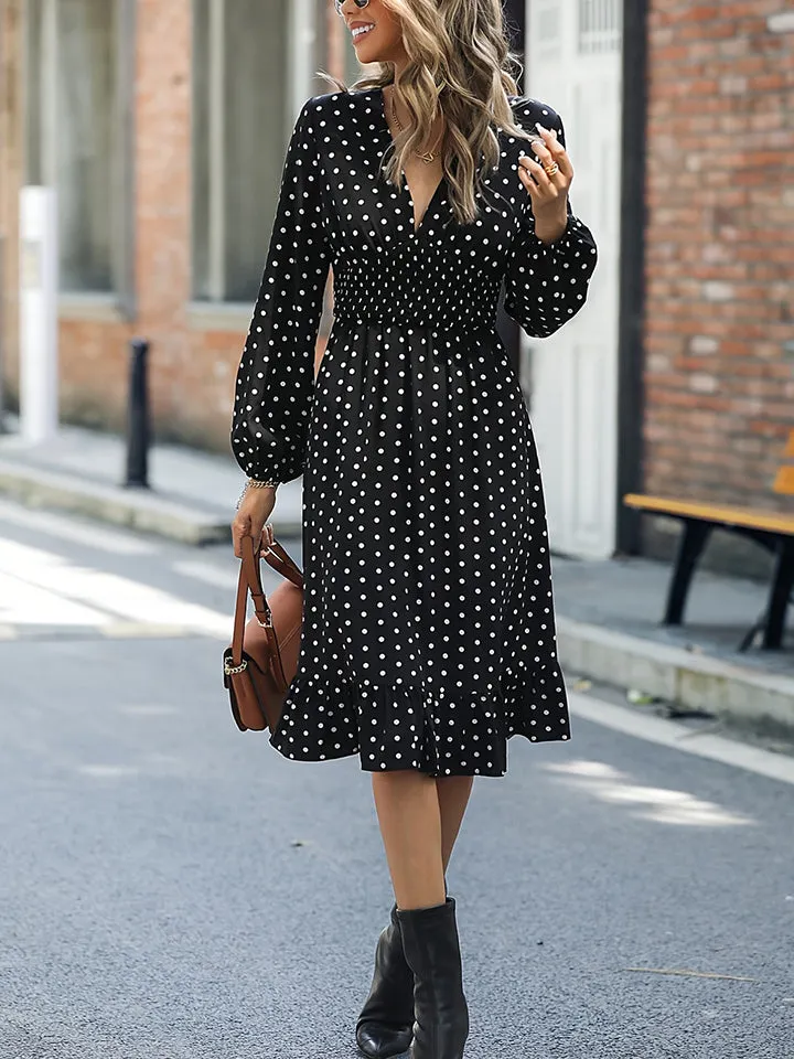 Polka Dot V-Neck Ruffle Hem Dress