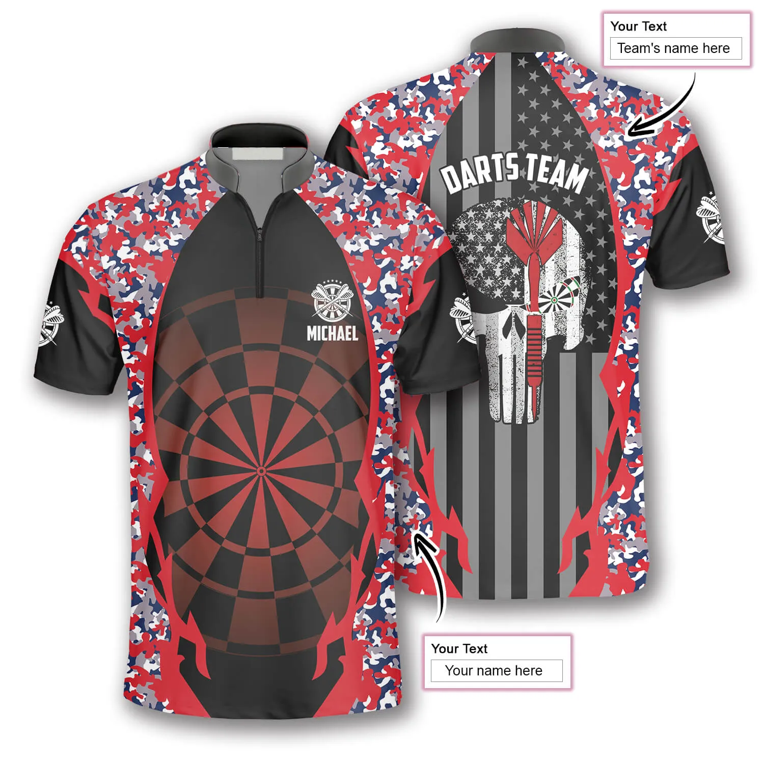 Punisher Skull Red Camouflage Custom Darts Jerseys for Men, Idea Gift for Dart Player