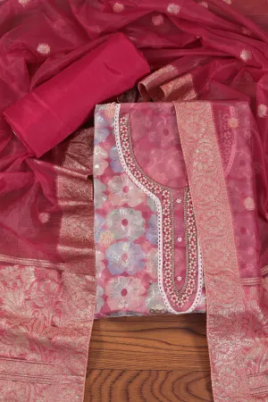 Rani Embellished Organza Dress Material With Dupatta