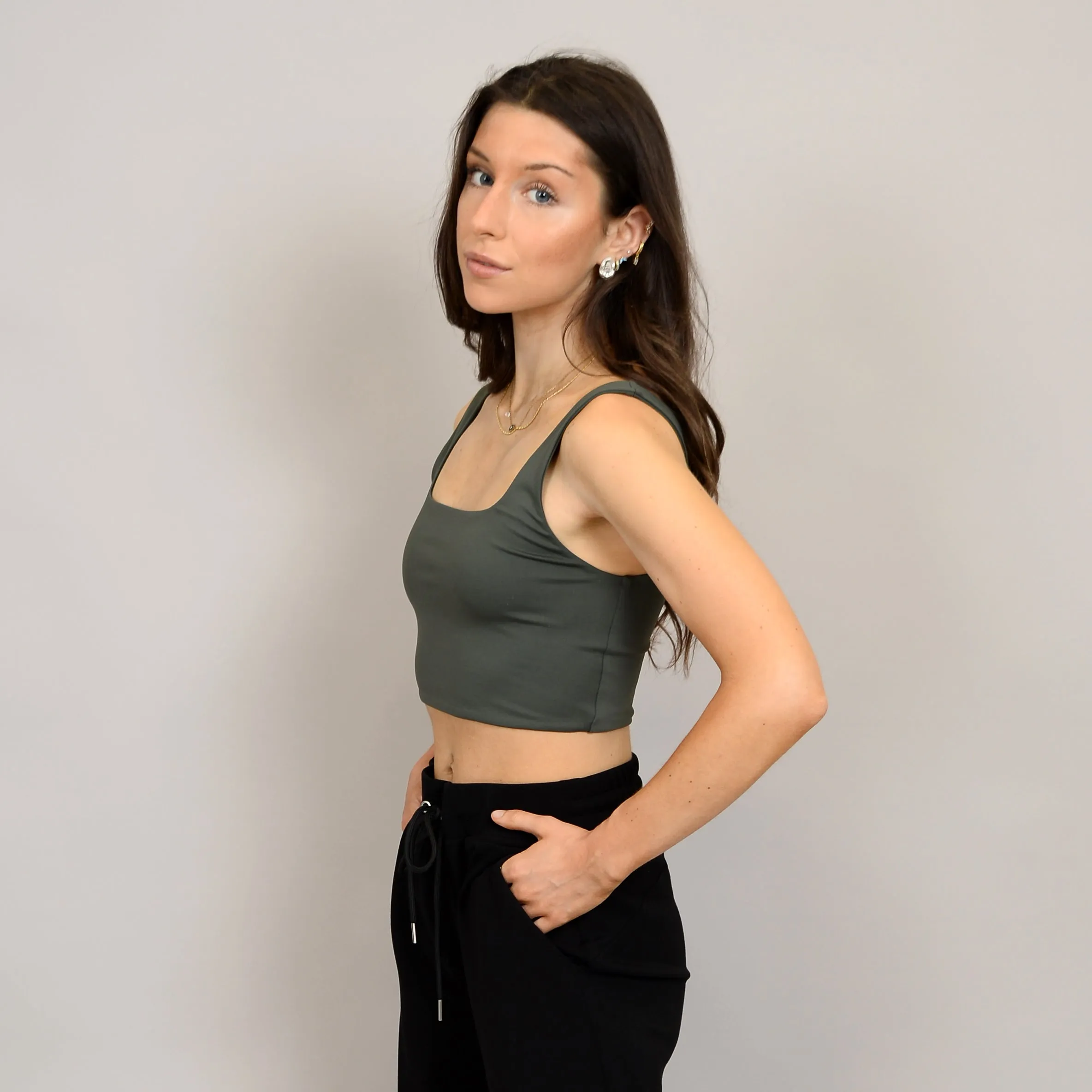 RD STYLE SEDOND SKIN WOMEN'S CATHERINA CROPPED TANK TOP-DARK IVY, CHAMPAGNE
