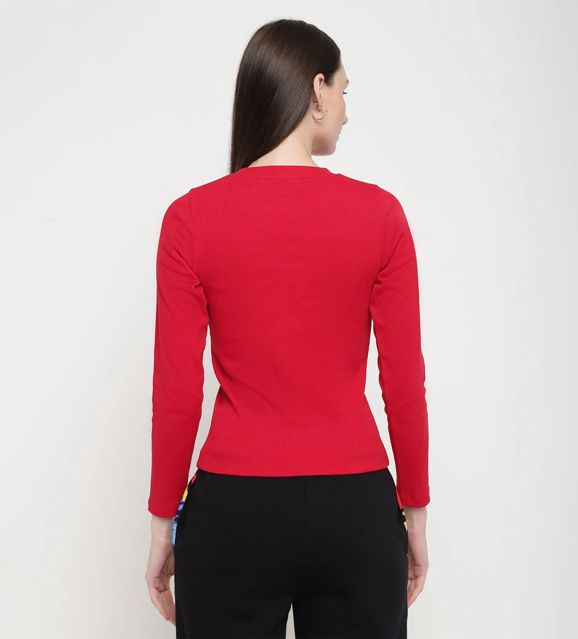 Red Rib Knit Top for Women