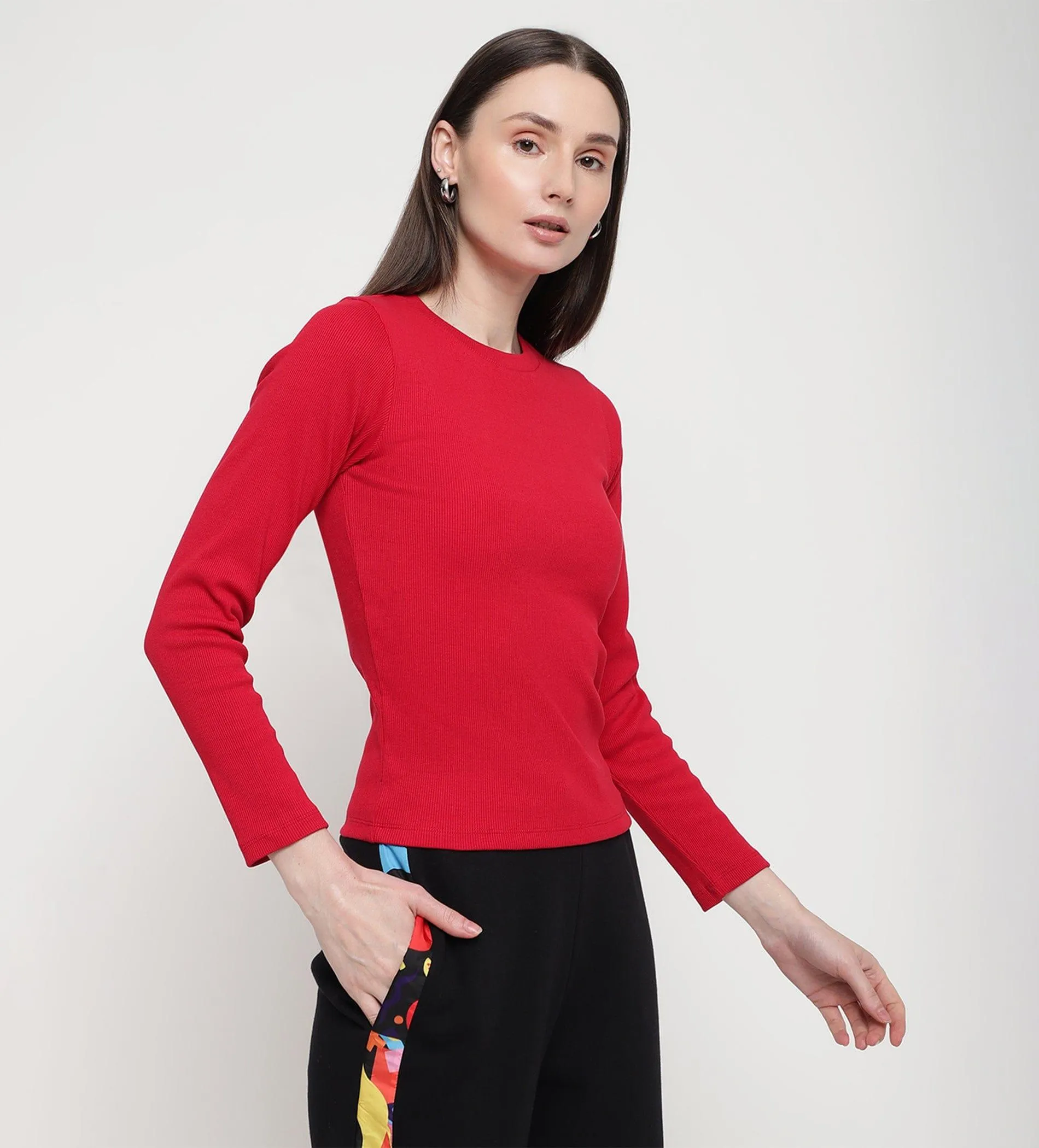 Red Rib Knit Top for Women