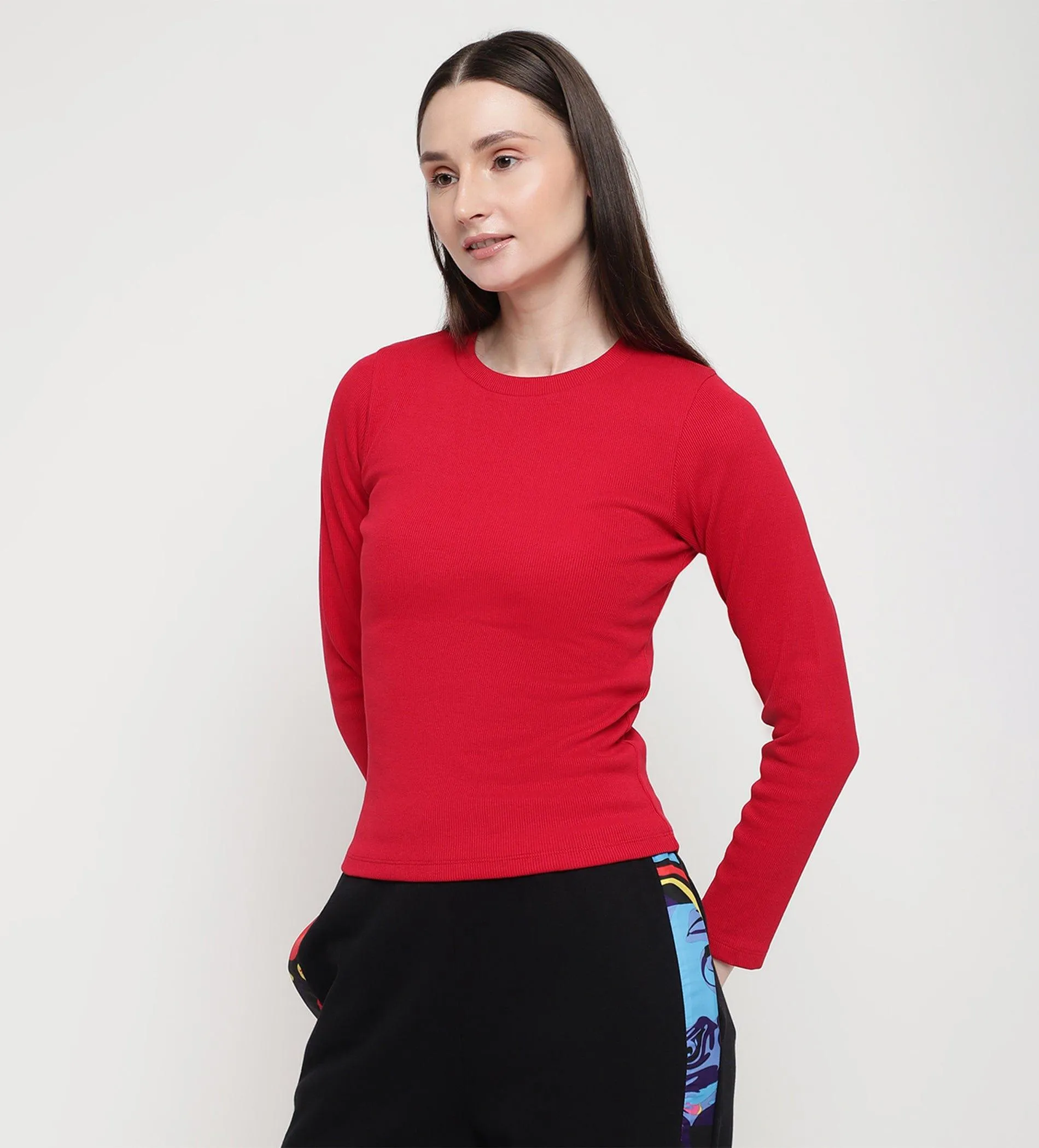 Red Rib Knit Top for Women