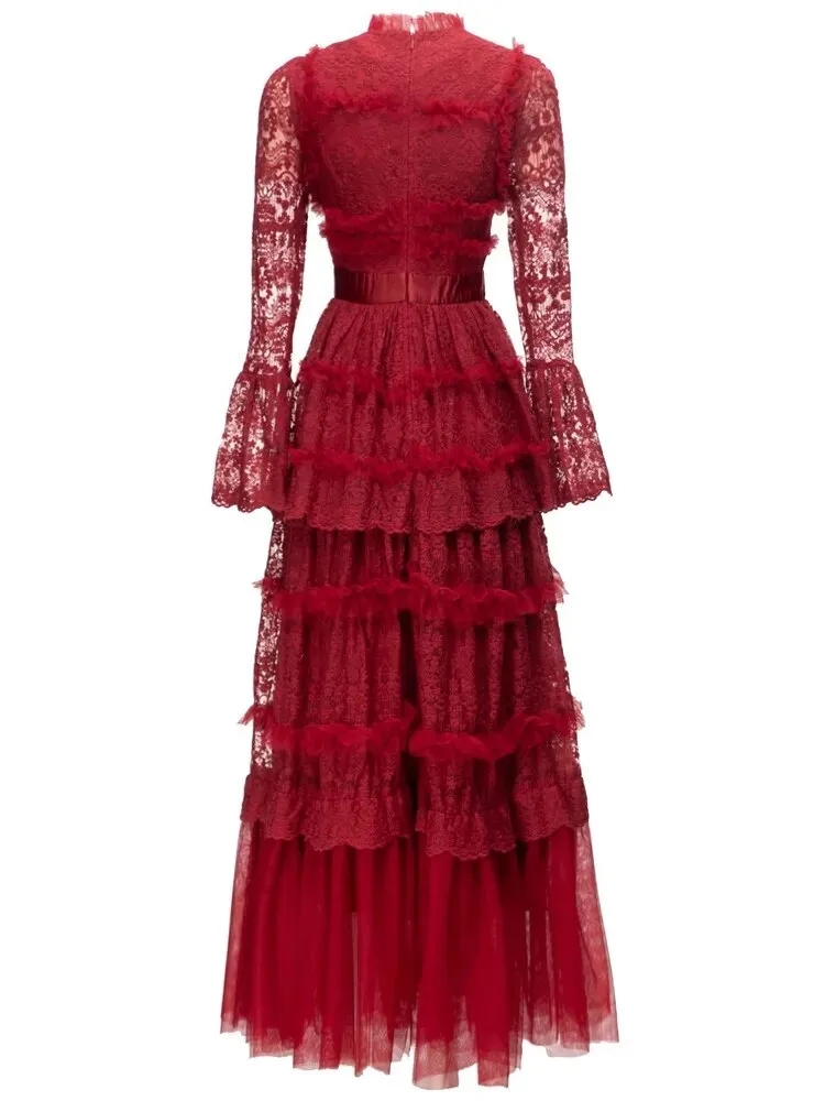 Round Neck Women's Ruffle Maxi Dress