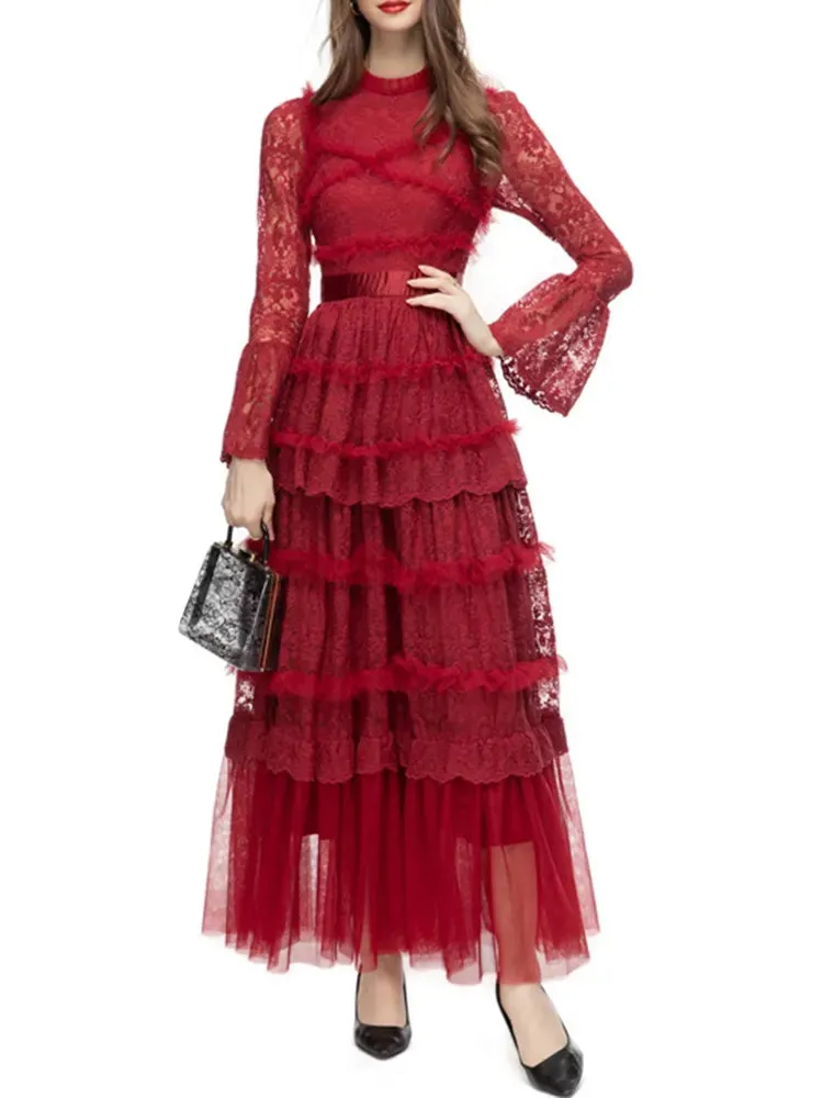 Round Neck Women's Ruffle Maxi Dress