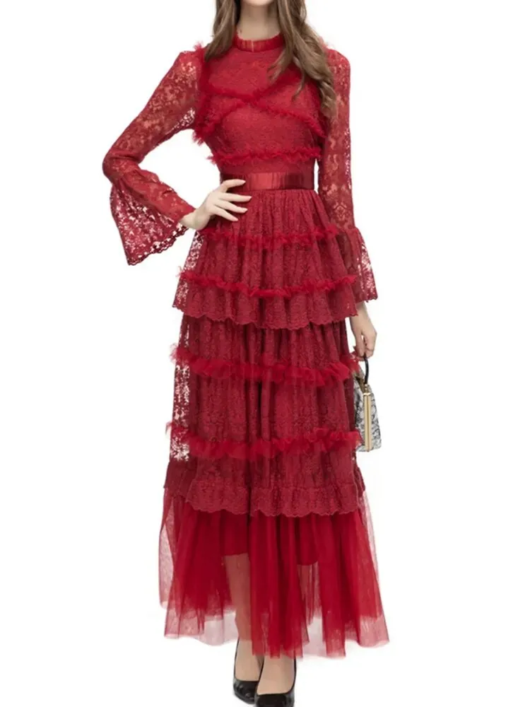 Round Neck Women's Ruffle Maxi Dress