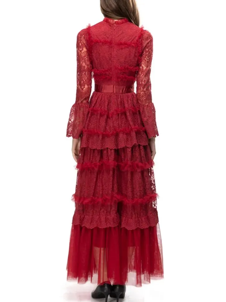 Round Neck Women's Ruffle Maxi Dress