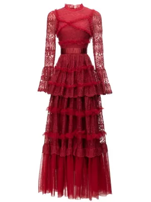Round Neck Women's Ruffle Maxi Dress