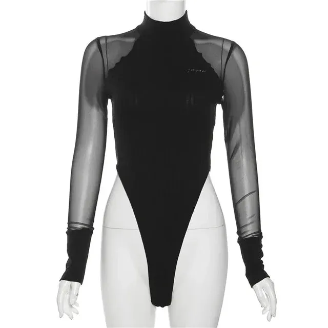 See Through Black Long Sleeve Turtleneck Bodysuit