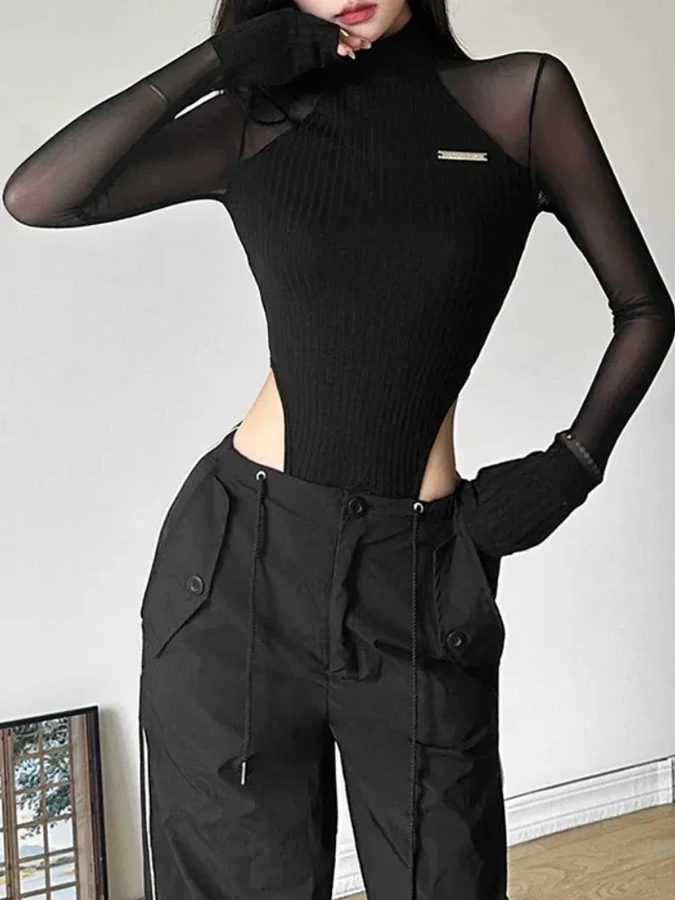 See Through Black Long Sleeve Turtleneck Bodysuit