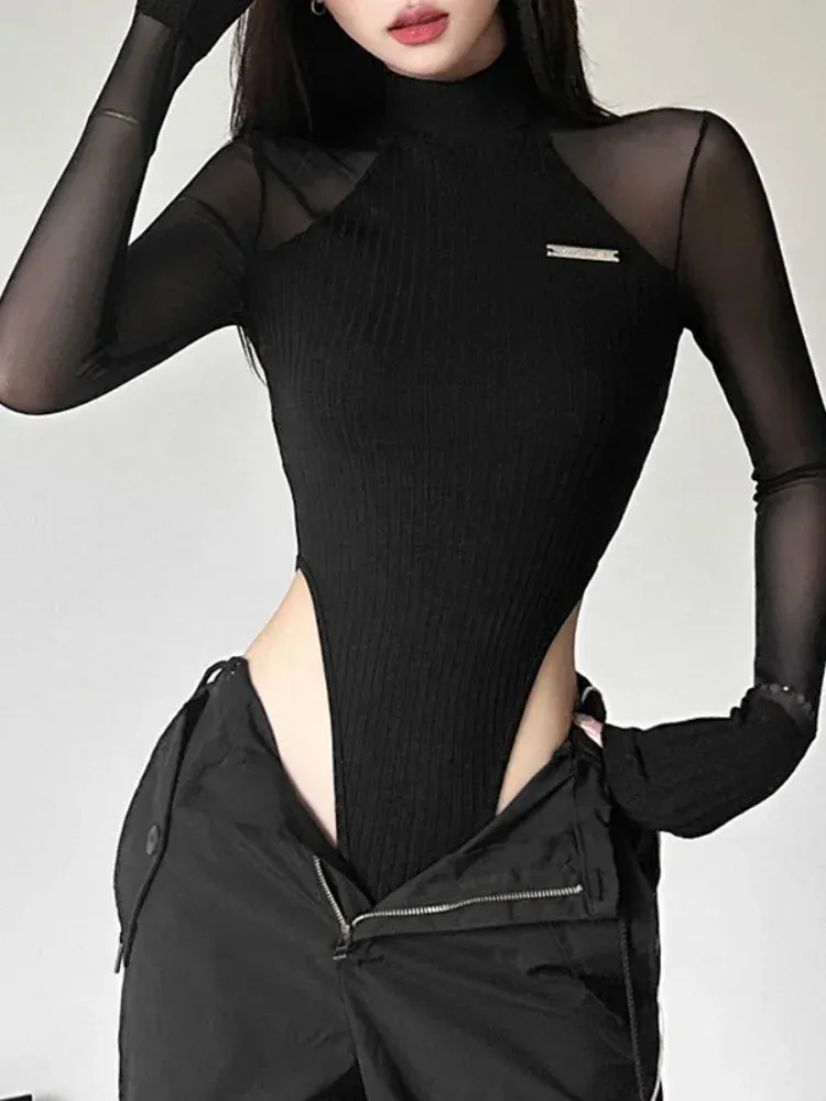 See Through Black Long Sleeve Turtleneck Bodysuit