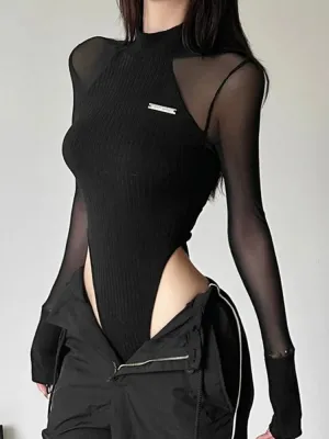 See Through Black Long Sleeve Turtleneck Bodysuit