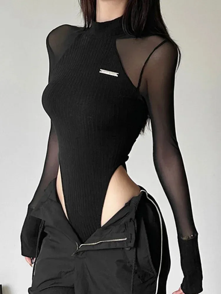 See Through Black Long Sleeve Turtleneck Bodysuit