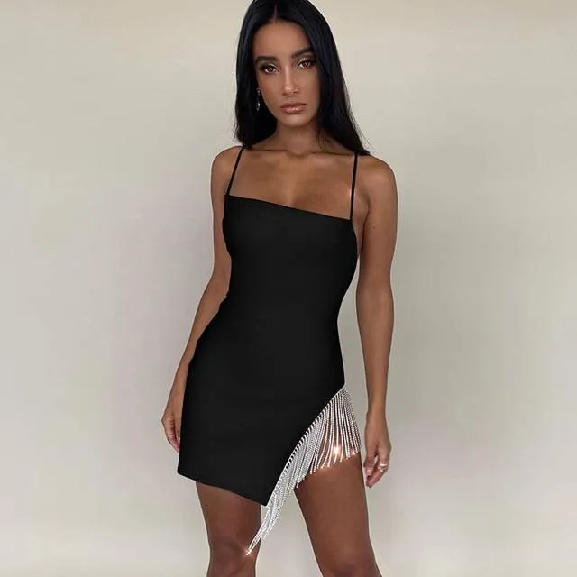 Side Tassel Spaghetti Strap Women Mini Dress