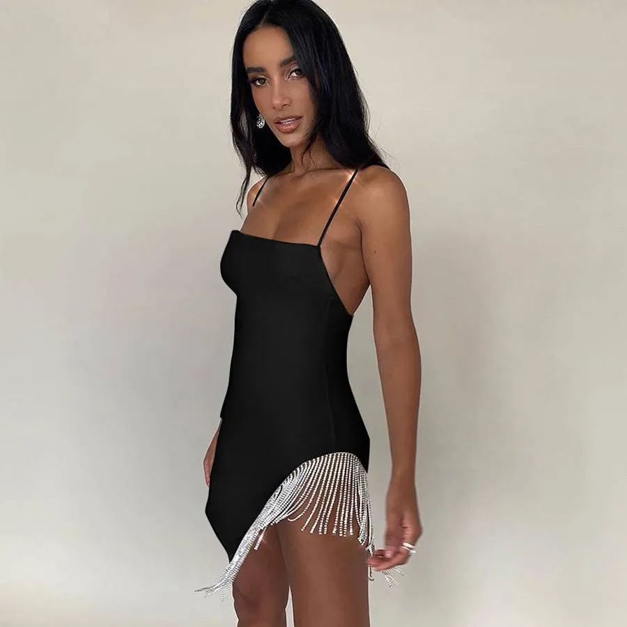 Side Tassel Spaghetti Strap Women Mini Dress