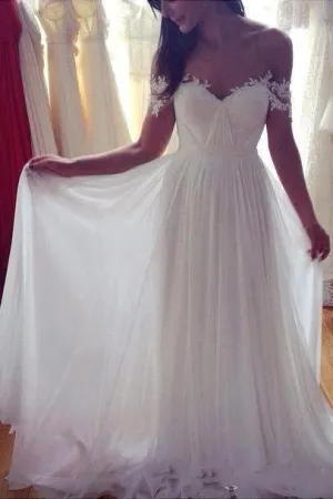 Simple A-Line Off-shoulder Long Appliques Wedding Dress,Ivory Beach Wedding Dress,N231