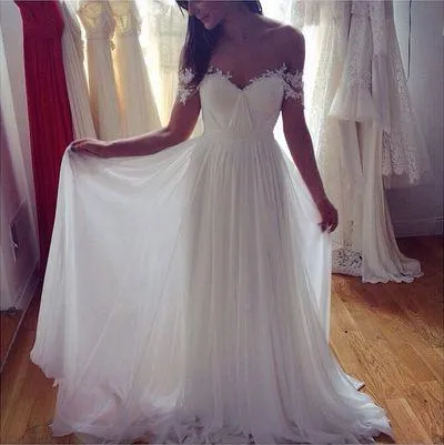 Simple A-Line Off-shoulder Long Appliques Wedding Dress,Ivory Beach Wedding Dress,N231