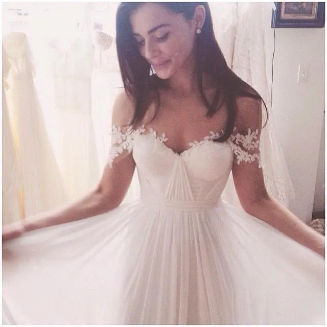 Simple A-Line Off-shoulder Long Appliques Wedding Dress,Ivory Beach Wedding Dress,N231