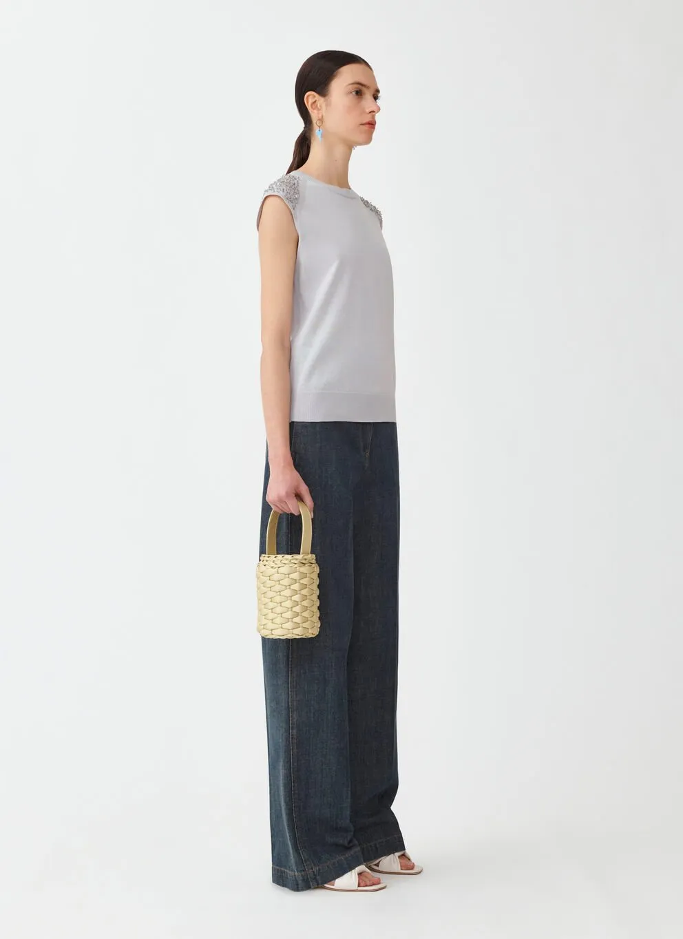 SLEEVELESS KNIT TOP W SEQUIN & BEADED INSET