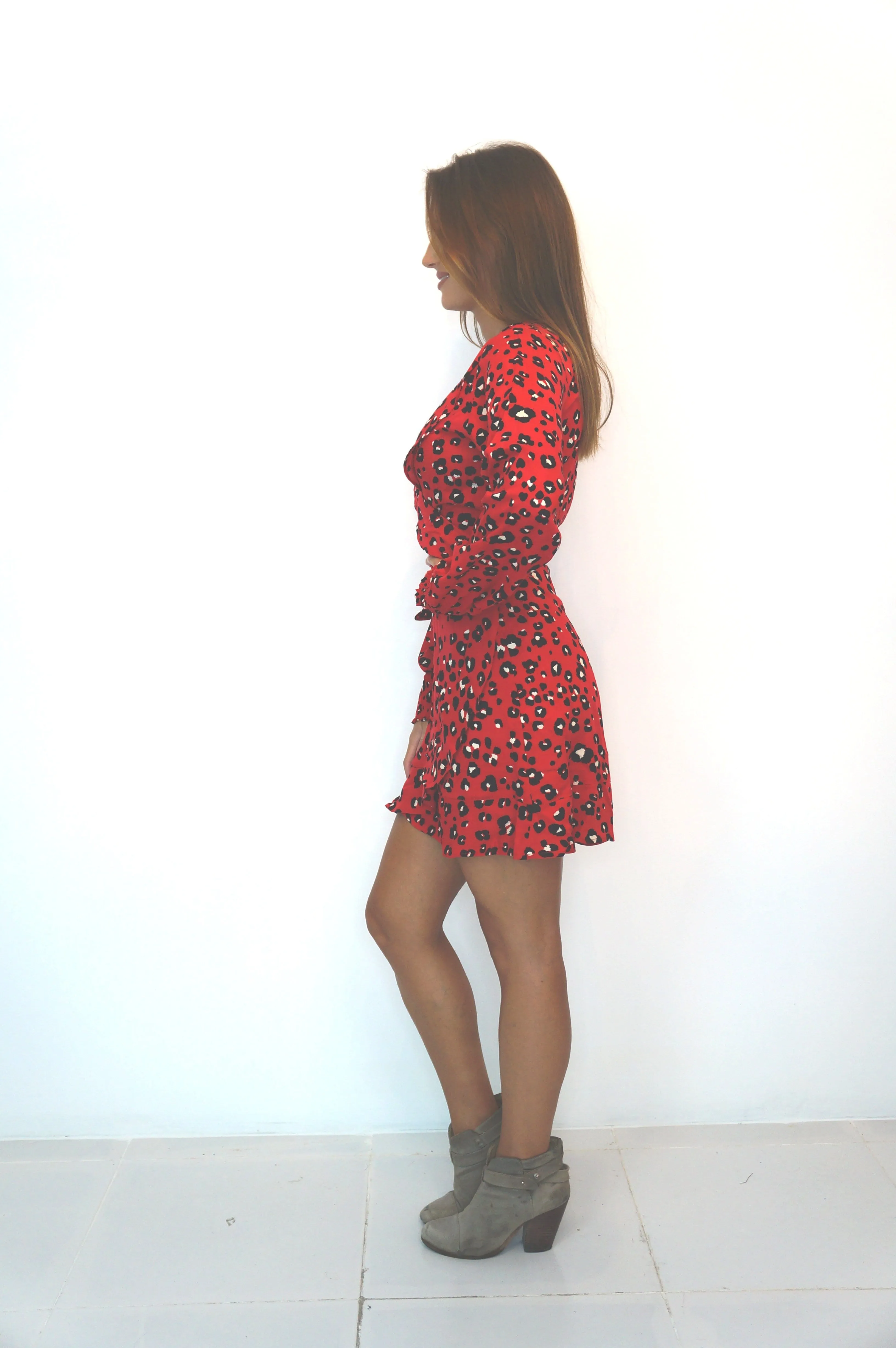 The Flirty Wrap Dress w/ Elastic Cuff Sleeves - Red Animal