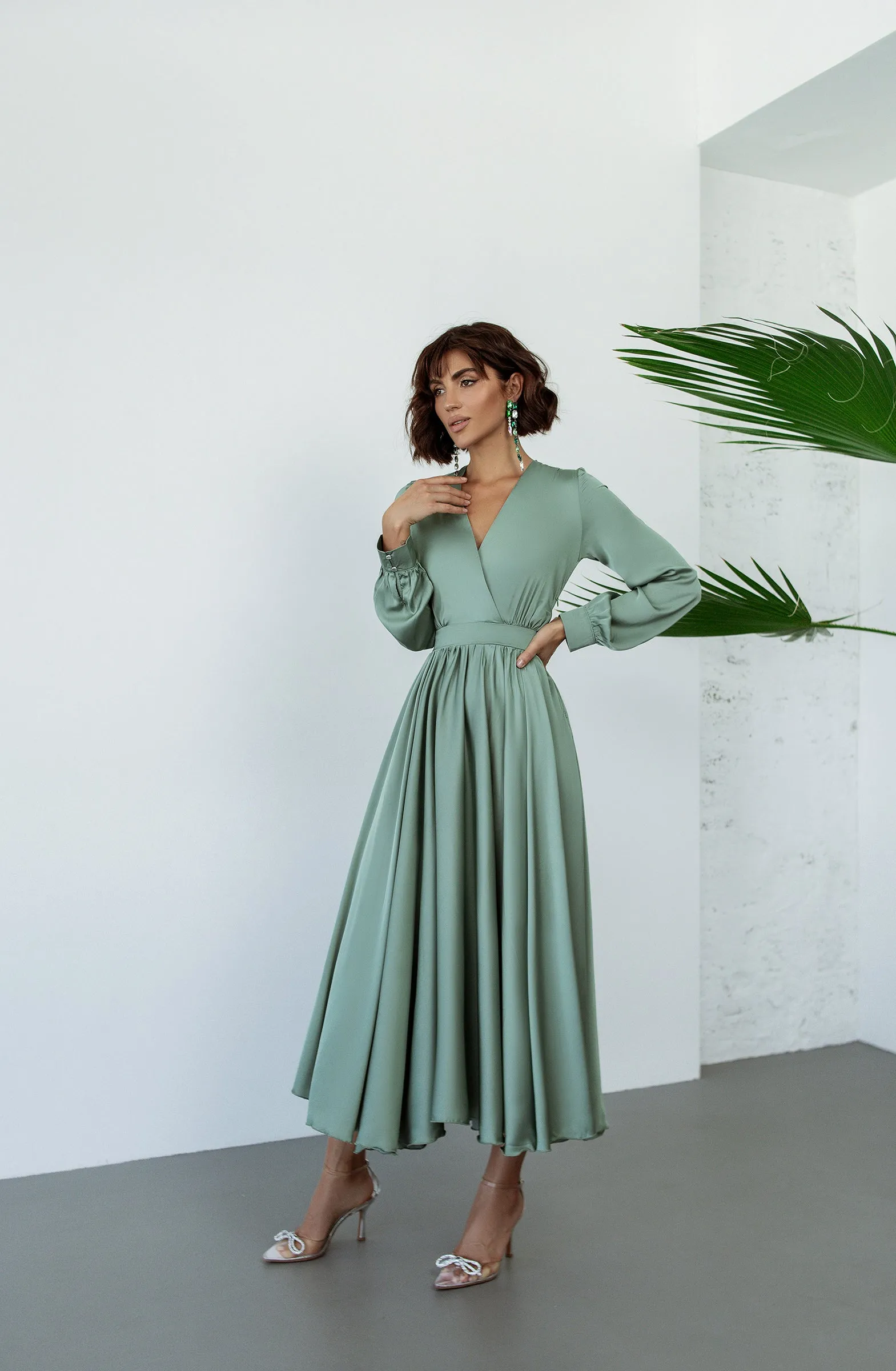 Tiffany-Blue Puff Sleeve Wrap Dress