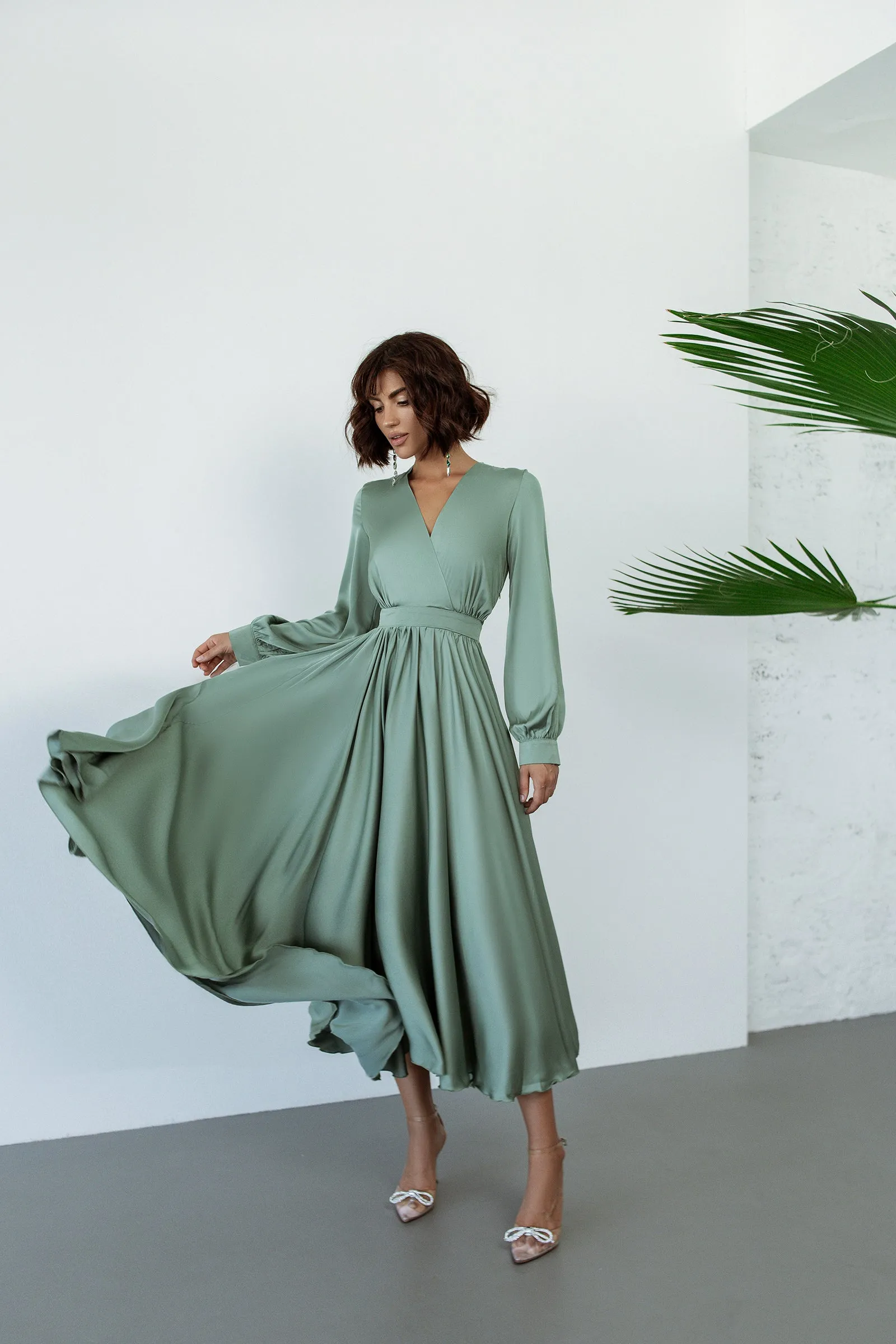 Tiffany-Blue Puff Sleeve Wrap Dress