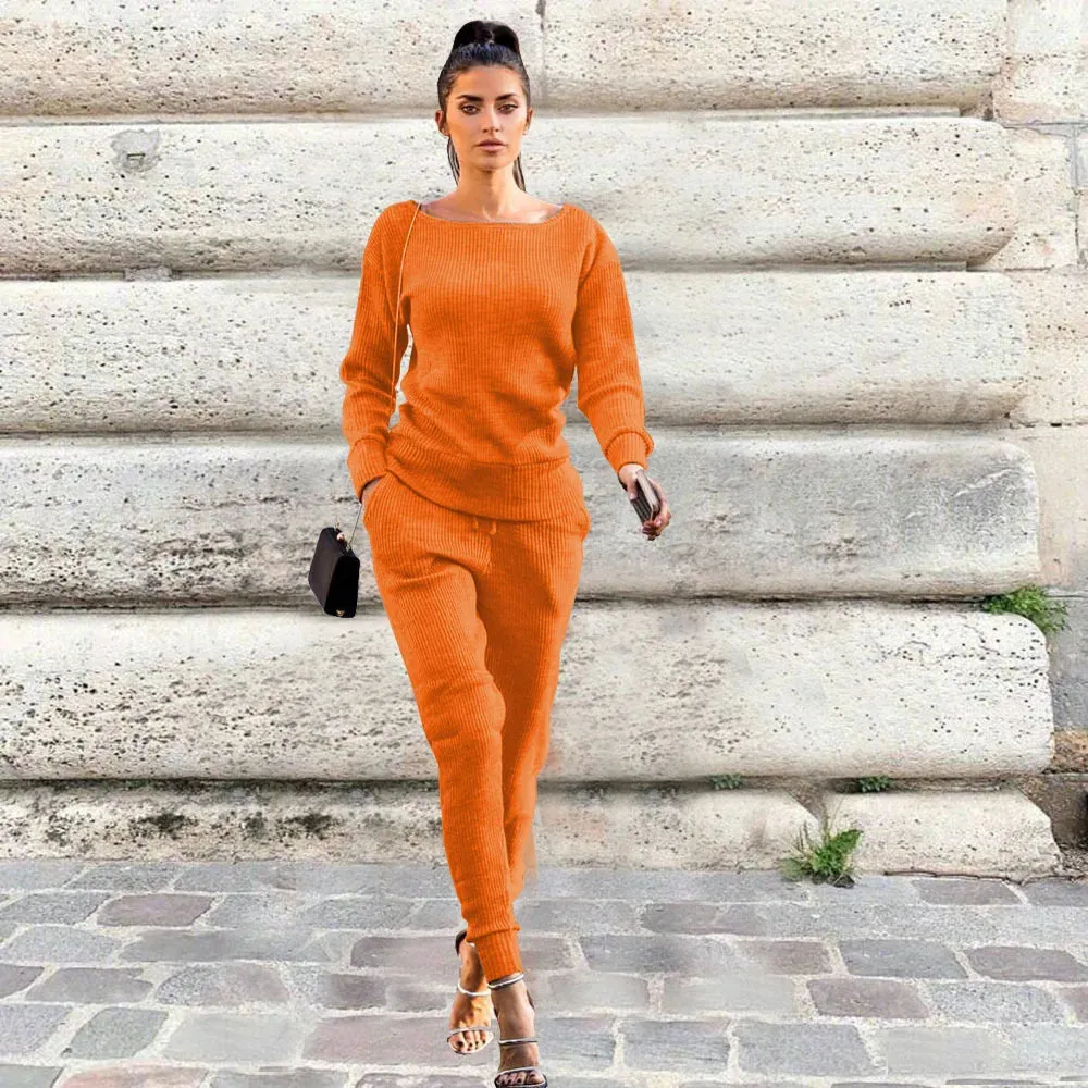 Two-Piece Knitted Sweater and Pants Set – Long Sleeve Women's Suit