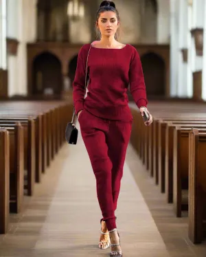 Two-Piece Knitted Sweater and Pants Set – Long Sleeve Women's Suit