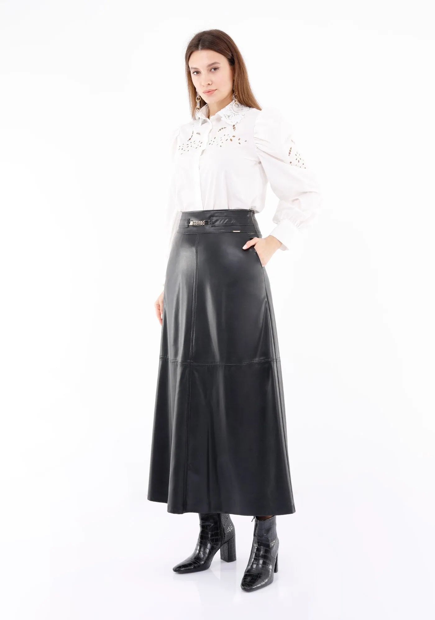 Vegan Leather Maxi Black Skirt with Pockets and Metal Accessories Around Waist