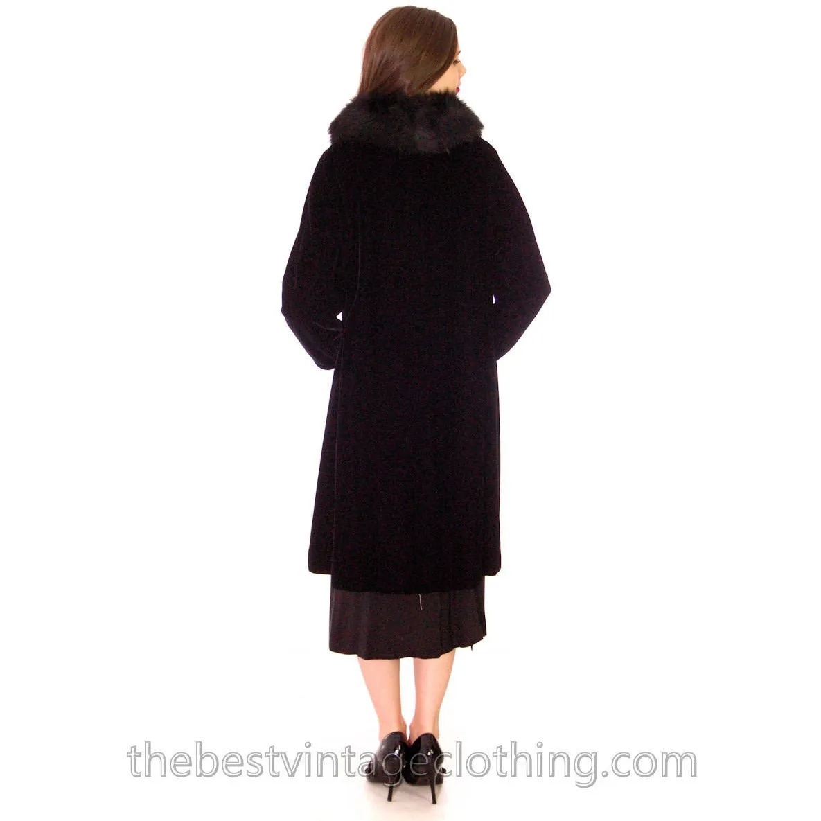 Vintage 1950s Womens Black Velvet Evening Coat Fur Trim Classic Style Fits S M L