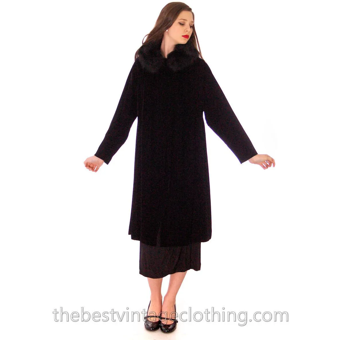 Vintage 1950s Womens Black Velvet Evening Coat Fur Trim Classic Style Fits S M L